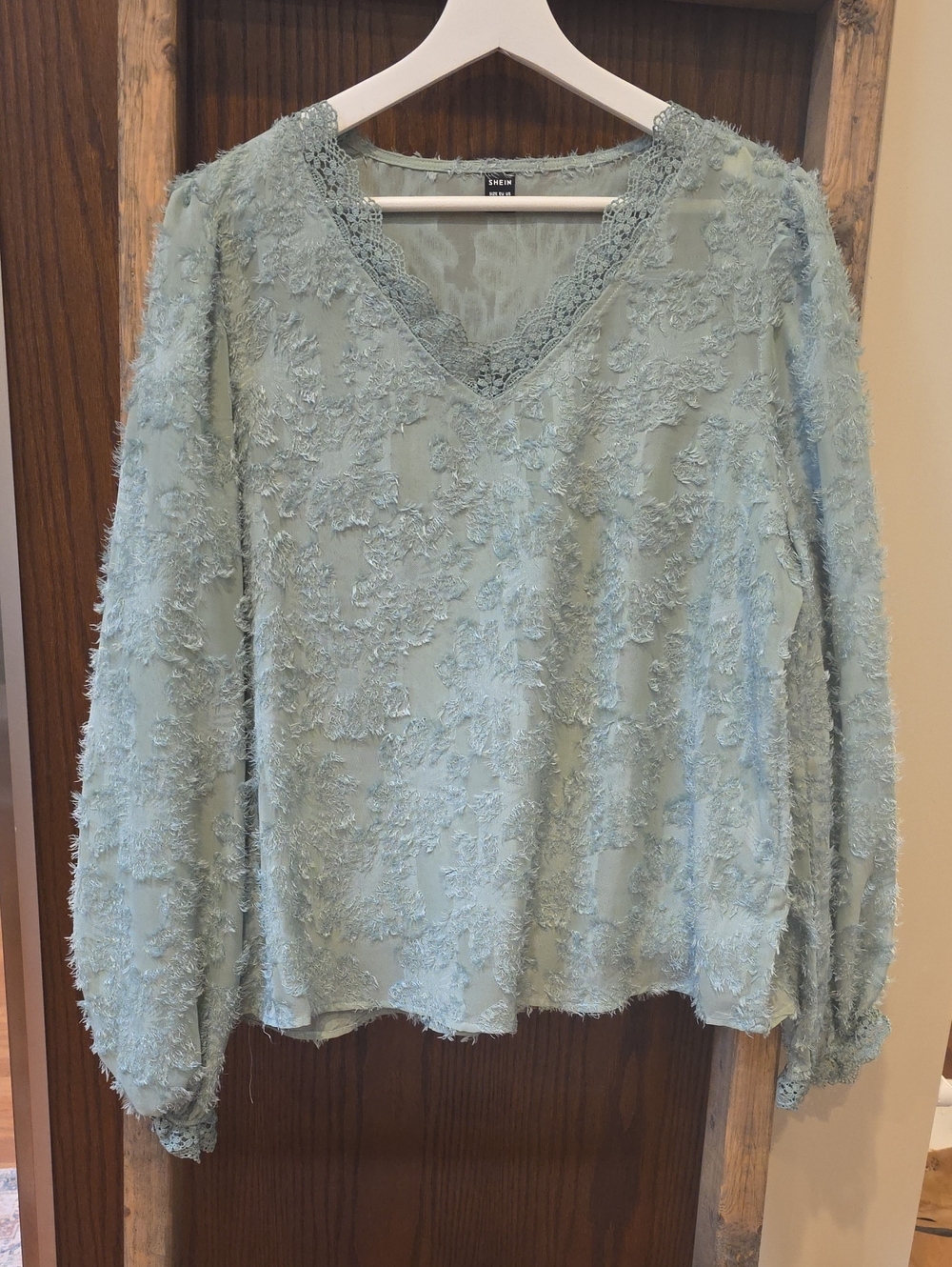 Sage Colored Textured V-Neck Lace-Trim Blouse